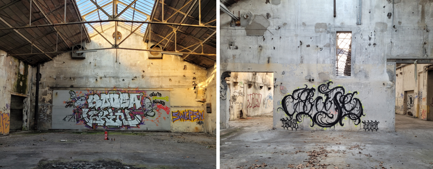 Bonga & Skin, spray, usine abandonnée, Vénissieux, 2018 et Zeyo, spray, usine abandonnée, Vénissieux